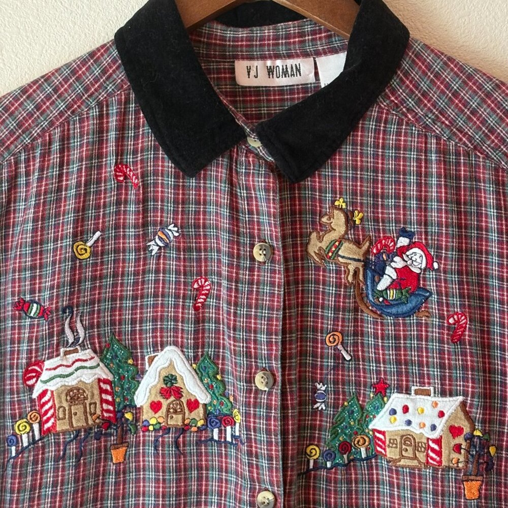 VTG Ugly Christmas Plaid Button Down Shirt Red Black Ginger Bread Houses Sz 22W